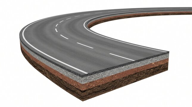 Curved asphalt highway road section showing cross section layers of soil and subbase