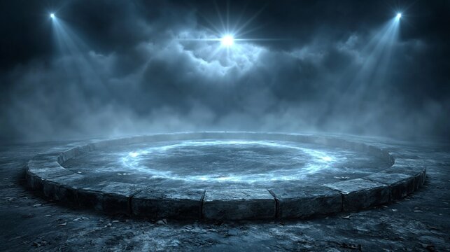 A circular stone platform with a glowing blue ring is illuminated by spotlights against a cloudy background.