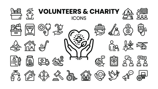 Volunteers and Charity Icons Set: A comprehensive collection of line art icons representing volunteerism, charity, and aid, featuring symbols of helping hands, hearts, donations.