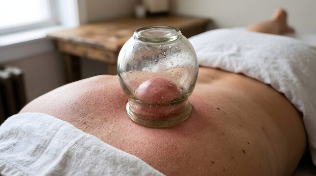 close-up of a traditional cupping therapy session. A thick, slightly imperfect glass jar is pressed onto a person's warm, reddened skin on  back. The skin is naturally suctioned upwards into the glass