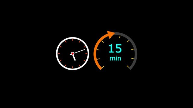 15 Min clock icon animation. 15 minute animation on black background and creating a stunning 4k video.