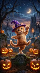 Fototapeta premium Cute Ginger Kitten in Wizard Hat Dancing in Spooky Halloween Graveyard with Jack-o'-Lanterns and Crescent Moon