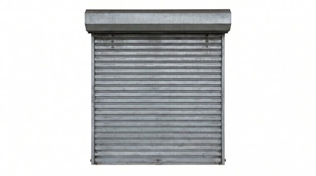Grey security shutter door with metal housing box isolated on white background, roller blind