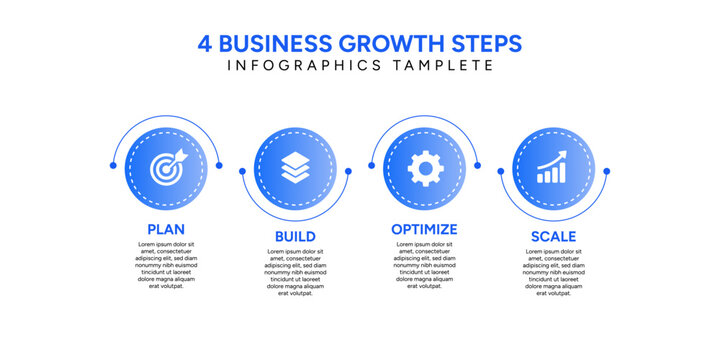 Four step business growth infographic presentation template featuring flat blue circle icons for modern corporate strategy layout design.