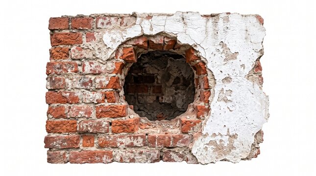 Round hole broken through aged red brick wall with white plaster texture, grunge destroyed wall