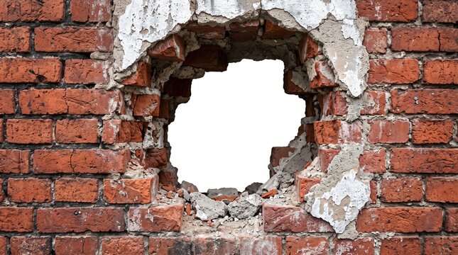 Hole broken through red brick wall with weathered texture and debris on white background