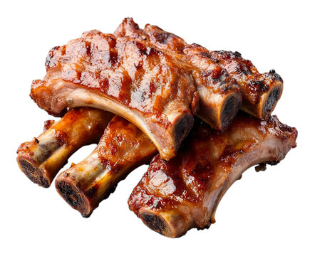 Savory barbecue ribs glistening with a rich glaze, rendered dramatically, showcasing deliciousness for culinary promotion, isolated on transparent background
