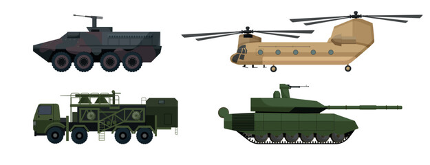 Fototapeta premium Vector collection of military machinery including a dual-rotor transport helicopter, armored combat vehicle, radar communication truck, and battle tank.