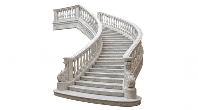 Luxurious curved marble staircase with classical balustrade leading upwards isolated