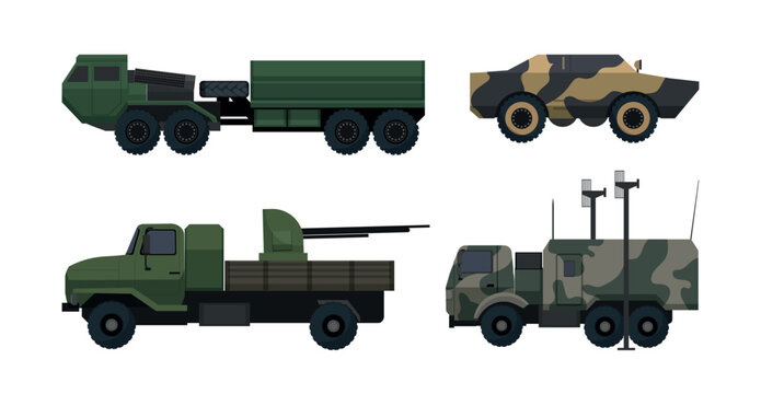 Vector collection of military ground vehicles featuring a heavy army tractor, camouflage armored car, truck with anti-aircraft gun, and mobile radar station.