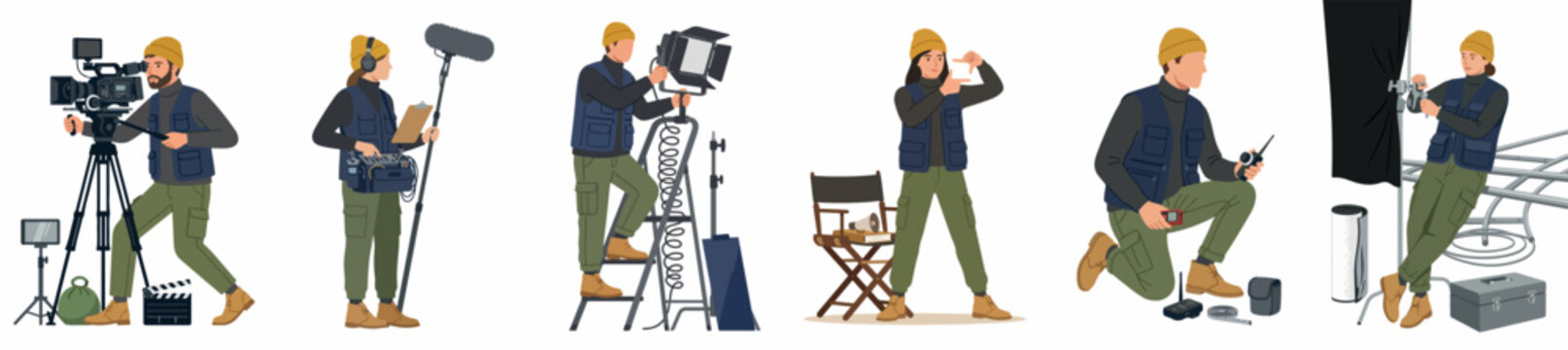 Professional film crew characters set including camera operator, sound recordist, lighting technician, director, and production assistants with movie making equipment isolated on white.