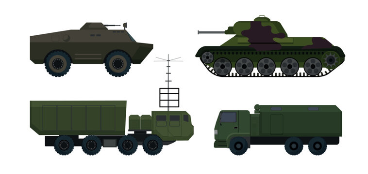 Vector collection of military ground transport including heavy tank, armored car, cargo truck, and mobile radar station for army defense projects.