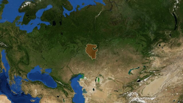 Cinematic 3D Earth Globe Orbital Zoom into Bashkortostan Region, Russia Borders - High Resolution 4K Poster