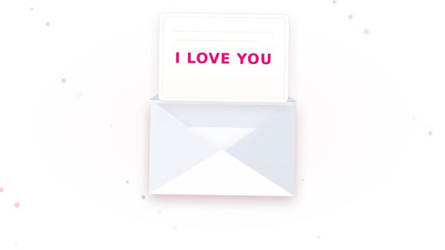 Romantic 3D love letter envelope opening animation with floating red heart on pastel background