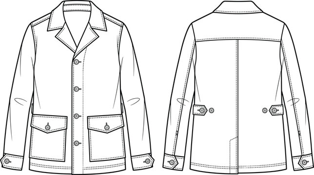 Button Front Field Jacket Technical Fashion Flat Sketch with Flap Pockets and Notch Collar Front Back View Vector Illustration