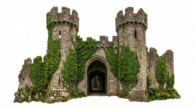Ruined medieval castle gate overgrown with green ivy and climbing plants isolated on white