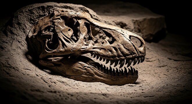 fossilized T rex skull partially uncovered in rocky terrain