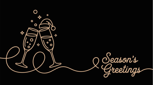Season's Greetings card design with toasting champagne glasses, single Santa hat line art and luxury typography on dark background
