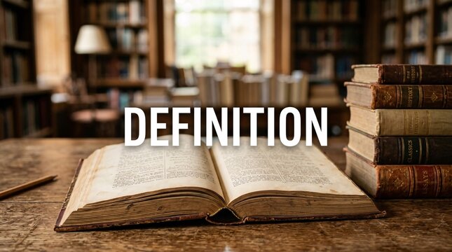An open antique book rests on a wooden desk in a traditional library with the word definition written in bold text.