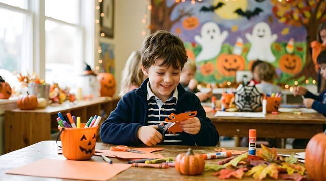 A heartwarming scene of children joyfully preparing for halloween festivities crafting and decorating with pumpkins and spooky themes