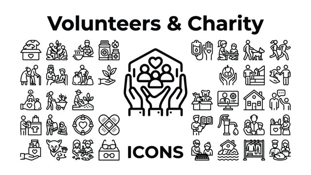 Charity and Volunteer Icons: A collection of line art icons representing various aspects of volunteering and charity work, including community support, helping hands, and donations.