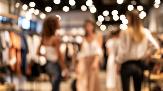 People shopping for clothes in a blurred clothing store, abstract retail background with bokeh lights