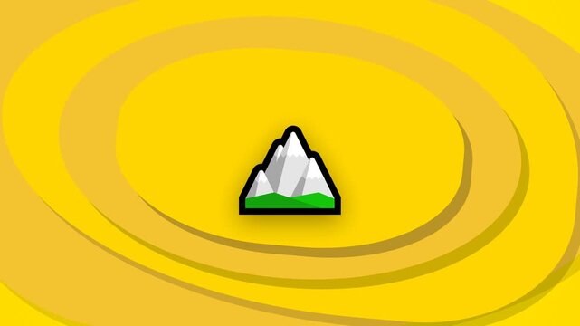 2D animation of a snow-capped mountain icon floating over yellow concentric ripples.