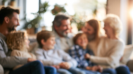 Obraz premium Multi generational family gathering on a couch, laughing and enjoying togetherness at home, showing blurred background