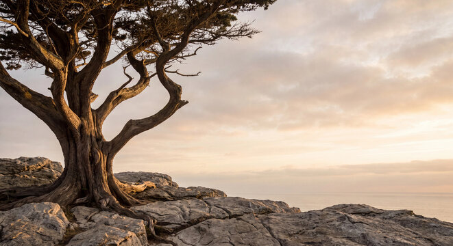 Lone old tree on rocky coastal cliff at sunset with calm sea and dramatic sky landscape