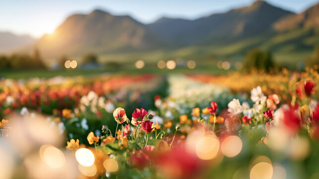 Colorful flower fields blooming with vibrant ranunculus and poppies at sunset with mountains backdrop