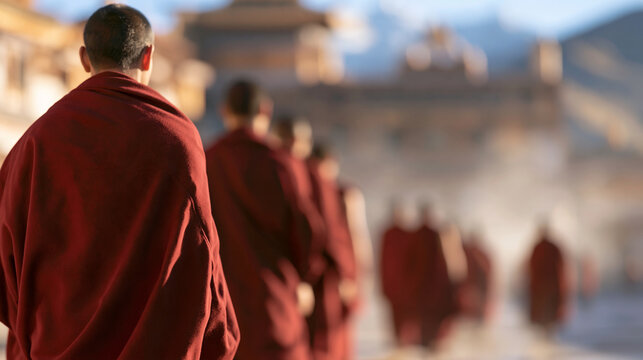Buddhist monks walking in a line at a monastery, practicing devotion and spirituality during a morning procession