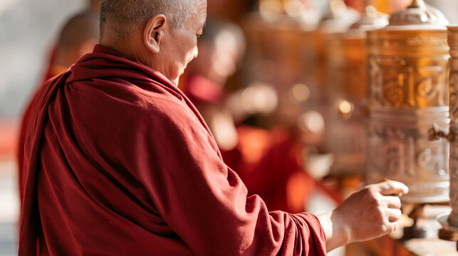 Monk in traditional robe spinning a prayer wheel at a buddhist temple, performing a spiritual ritual and meditation