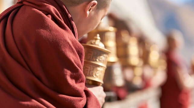 Tibetan monk spinning prayer wheel during religious ritual, practicing buddhist traditions and spirituality in asia