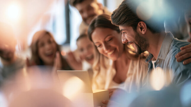 Happy group of friends celebrating, watching a smiling couple opening a glowing surprise gift box at a party