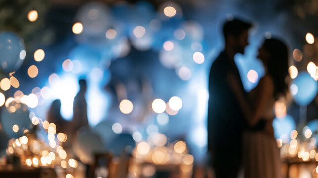 Romantic couple embracing at night, celebrating love and togetherness amidst bokeh lights and blue balloons