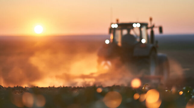 Tractor cultivating field at sunset, farming vehicle creating dust clouds, preparing soil for planting crops