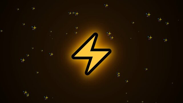 Glowing yellow lightning bolt icon animation with sparkling stars on a dark background.