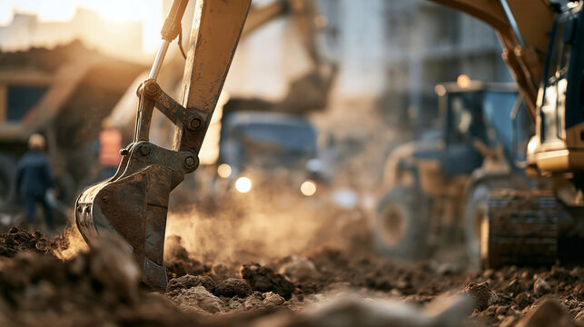 Excavator bucket digging earth on a construction site, creating dust during urban development groundwork