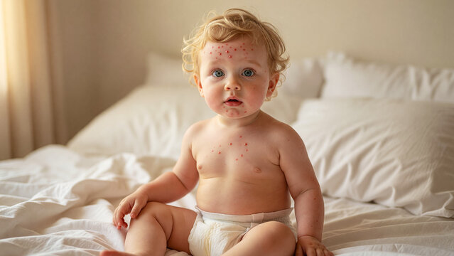 Sick toddler sitting on bed with skin rash, chickenpox infection and pediatric healthcare