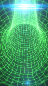 Green wireframe hologram of a human torso being scanned by bright horizontal beams in a futuristic medical interface.