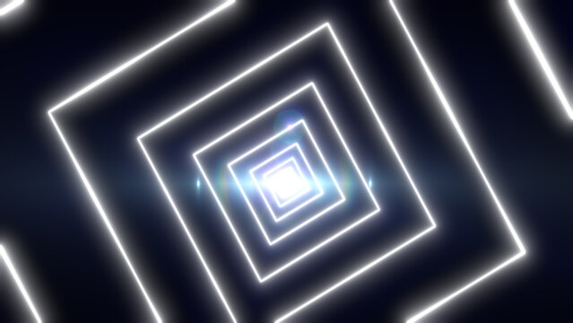 Abstract white square neon tunnel receding into a bright center with clean glowing lines and modern futuristic depth
