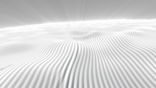 Minimal white digital wave landscape with soft striped terrain, glowing horizon, and clean futuristic abstract surface.
