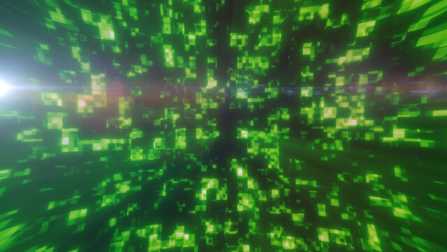 Abstract green matrix tunnel with glowing pixel particles, digital depth, light flare, and futuristic data stream effect.
