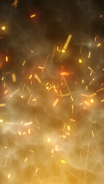 Glowing golden and orange sparks float through a warm atmospheric background, creating a fiery abstract energy effect.