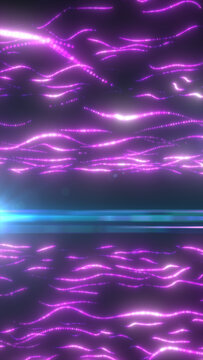 Glowing magenta digital wave lines over a dark background with cyan horizon flare, creating abstract motion, energy, and data flow.