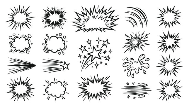 Hand drawn comic book action speech bubbles and explosion graphic effects