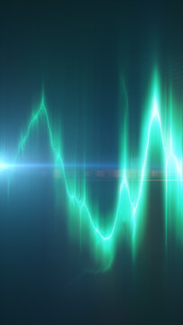 Glowing turquoise waveform with vertical light trails and soft gradients creates a futuristic visualization of sound, data, and digital signals.