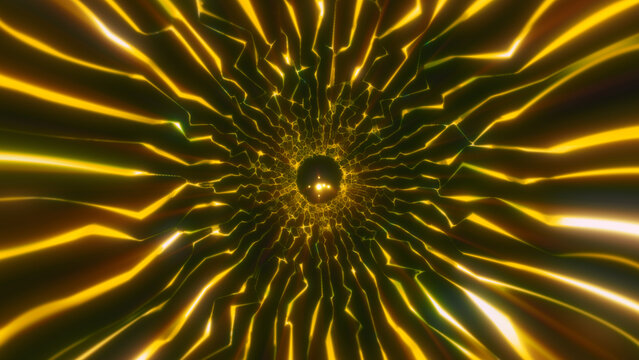 Abstract golden neon vortex with dark contrast, glowing fractured lines, and a dramatic futuristic technology portal.