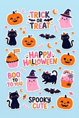 Obraz premium Cute Halloween Sticker Set with Kawaii Pumpkins, Black Cats, Pink Ghosts, and Spooky Festive Typography on Blue Background
