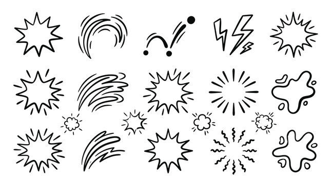 Comic book style action explosion and impact effect icons with sound effect